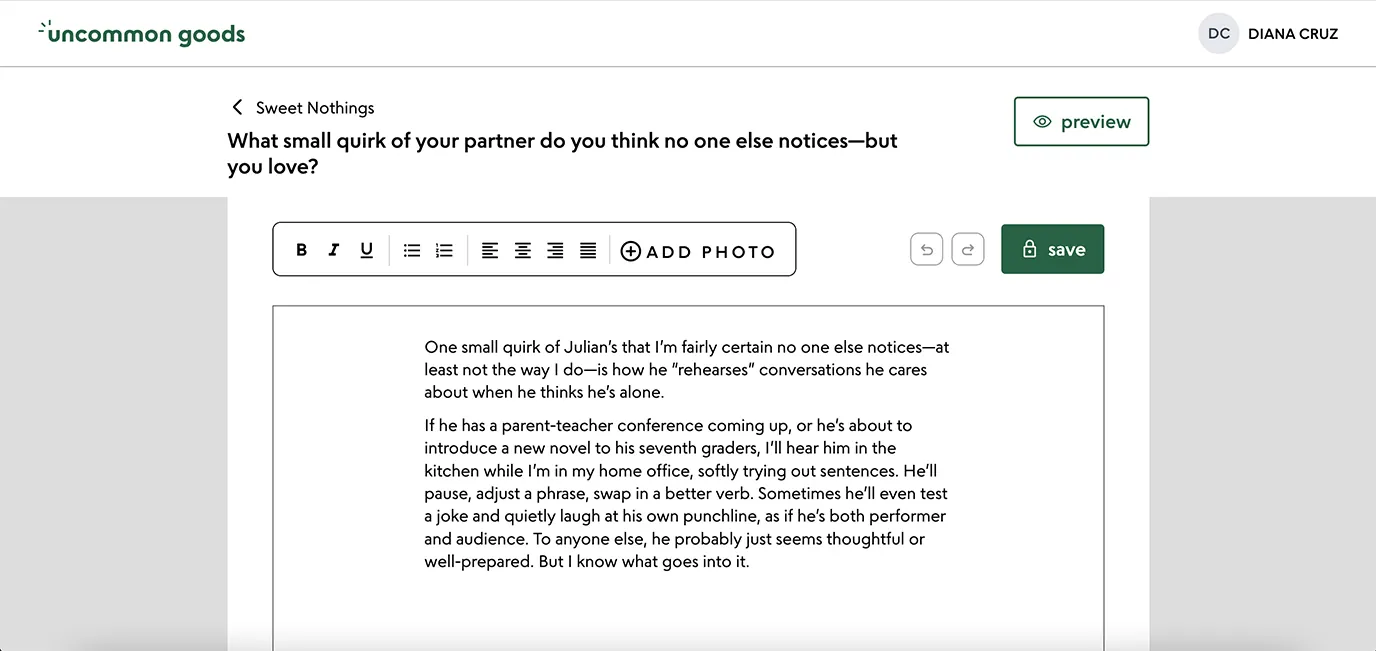 A detail view of the online writing portal, showing a sample prompt with a partially written response.