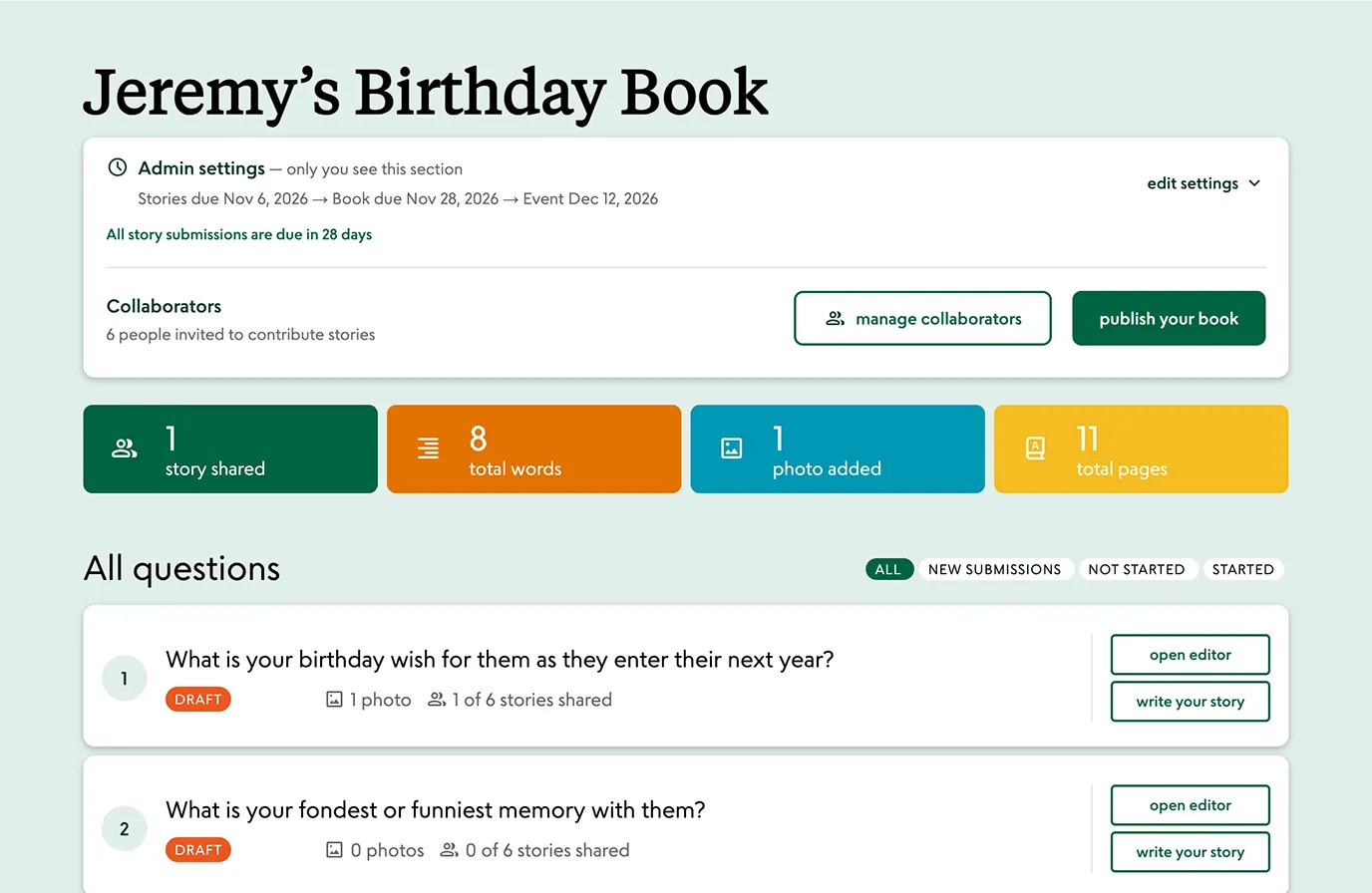 The admin dashboard showing various options and questions.